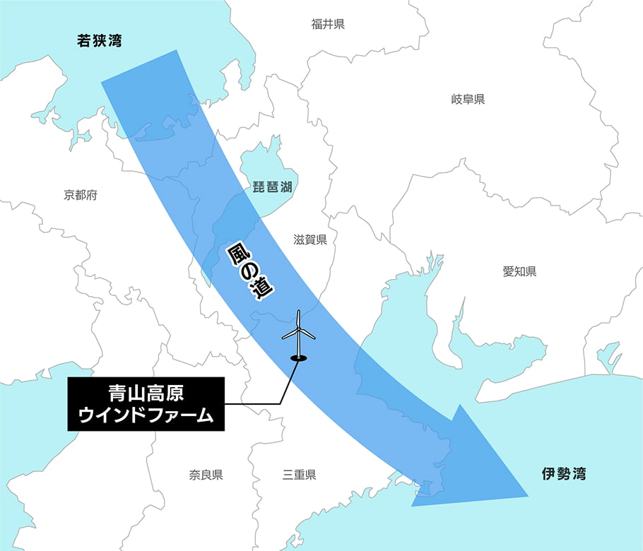 若狭湾から伊勢湾に流れる風の道の上に配置された風車のイラスト